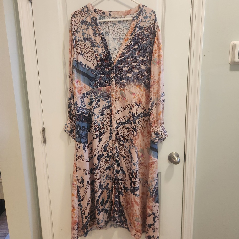 Soft Surroundings Floral Patchwork Maxi Shirt Dress Pink Blue 1X